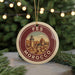 A round ornament with a picture of a city and the text "FES MOROCCO" is displayed on a Christmas tree.