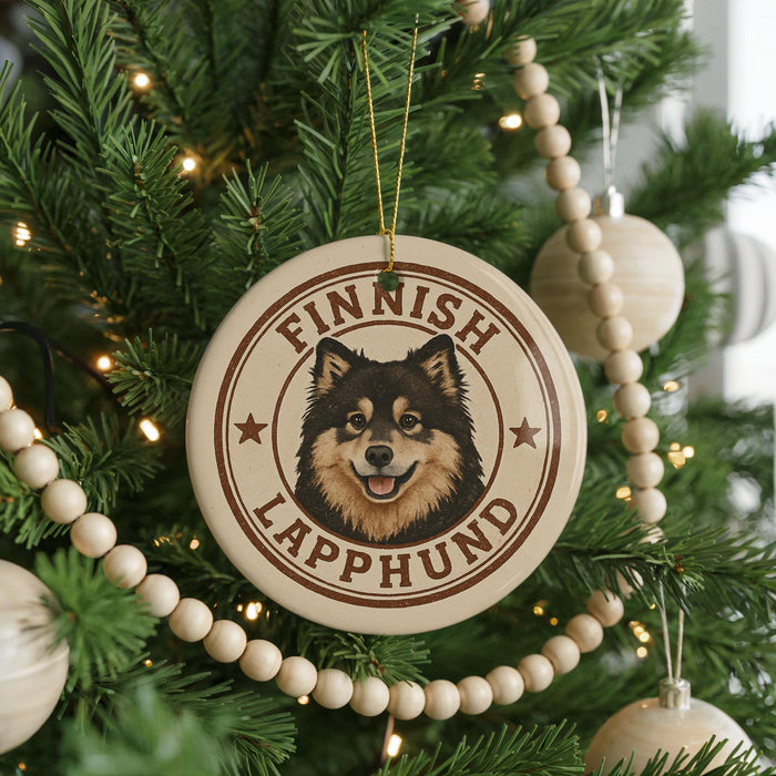 A circular ornament with a picture of a dog's face and the text "FINISH LAPPHUND" is hanging on a Christmas tree.