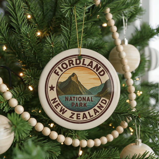 A Christmas tree decorated with ornaments, including a circular ornament that says "Fiordland National Park".