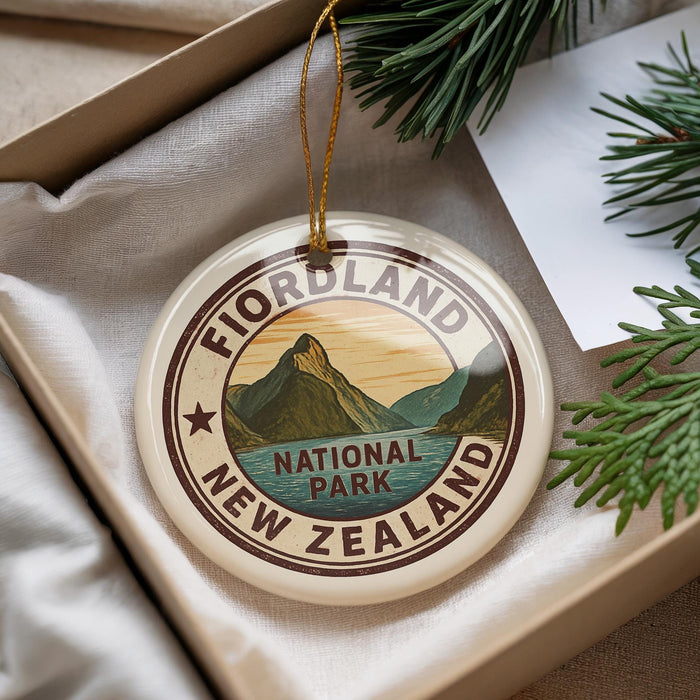 A decorative ornament with the text "FIORLAND NATIONAL PARK" and a mountain landscape design, placed in a box with pine branches.