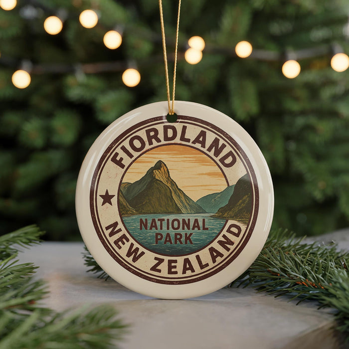A circular ornament with the text "FIORDLAND NATIONAL PARK NEW ZEALAND" and a mountain landscape design, hanging from a string.
