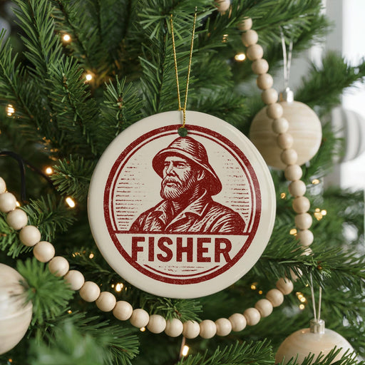 A Christmas tree decorated with ornaments, including a circular ornament with a portrait of a man wearing a hat and the word "FISHER" below it.