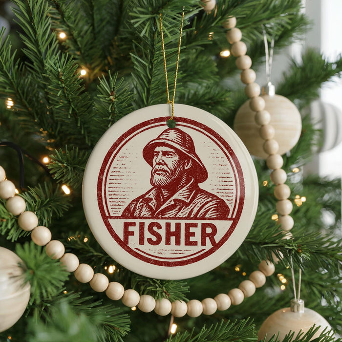 A Christmas tree decorated with ornaments, including a circular ornament with a portrait of a man wearing a hat and the word "FISHER" below it.
