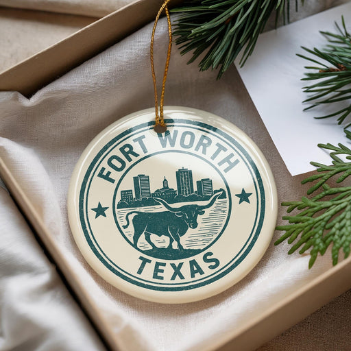 A circular ornament with the text "FORT WORTH TEXAS" and an illustration of a bull, hanging from a string.
