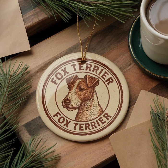A circular ornament featuring a fox terrier dog's head, with the text "FOX TERRIER" and "FOX TERRIER" written around the edge. The ornament is hanging on a wooden surface, with pine branches and a cup of coffee nearby.