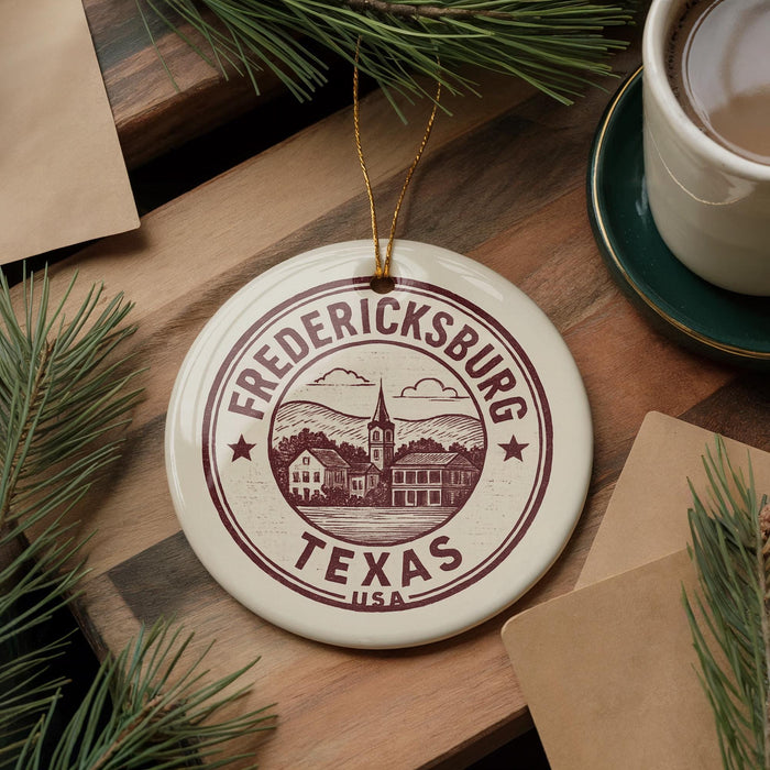A ceramic ornament with the text "FREDERICKSBURG TEXAS USA" printed on it, surrounded by pine branches and a cup of coffee on a wooden surface.