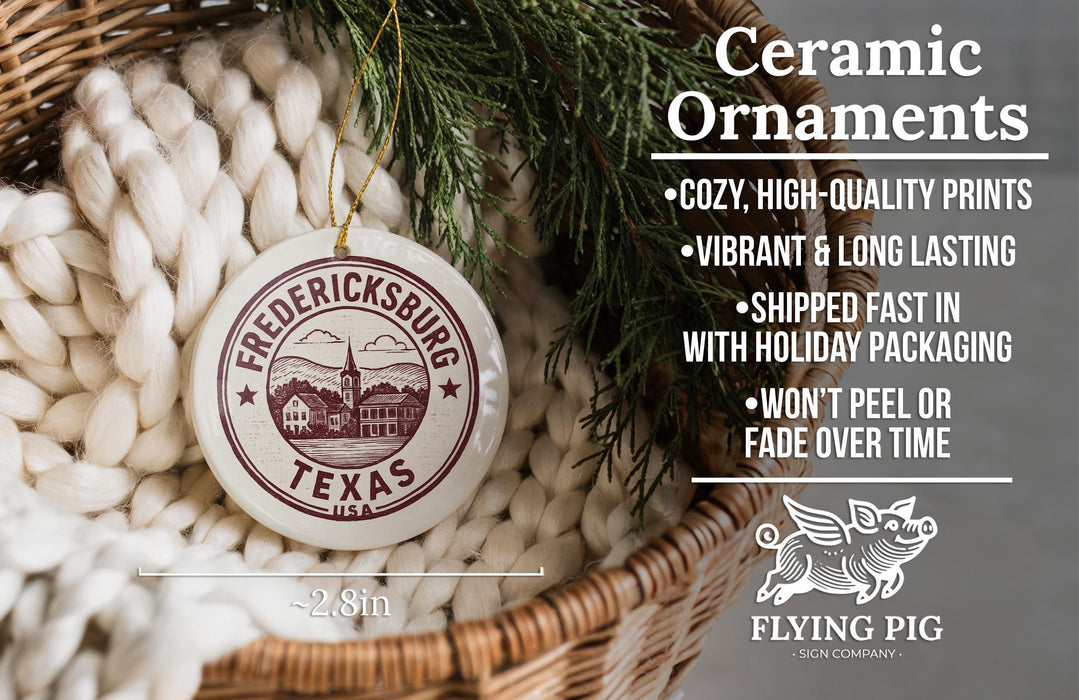 a ceramic ornament with a Texas state seal, placed in a woven basket. The ornament is described as a "Ceramic Ornaments" and is described as "Cozy, High-quality Prints" and "Vibrant & Long Lasting". It is also noted that the ornament is "Shipped Fast in with Holiday Packaging" and " Won't Peel or Fade Over Time". The image is a collage of several smaller images, and the text is described in a clear and concise manner without redundancy.