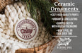 a ceramic ornament with a Texas state seal, placed in a woven basket. The ornament is described as a "Ceramic Ornaments" and is described as "Cozy, High-quality Prints" and "Vibrant & Long Lasting". It is also noted that the ornament is "Shipped Fast in with Holiday Packaging" and " Won't Peel or Fade Over Time". The image is a collage of several smaller images, and the text is described in a clear and concise manner without redundancy.