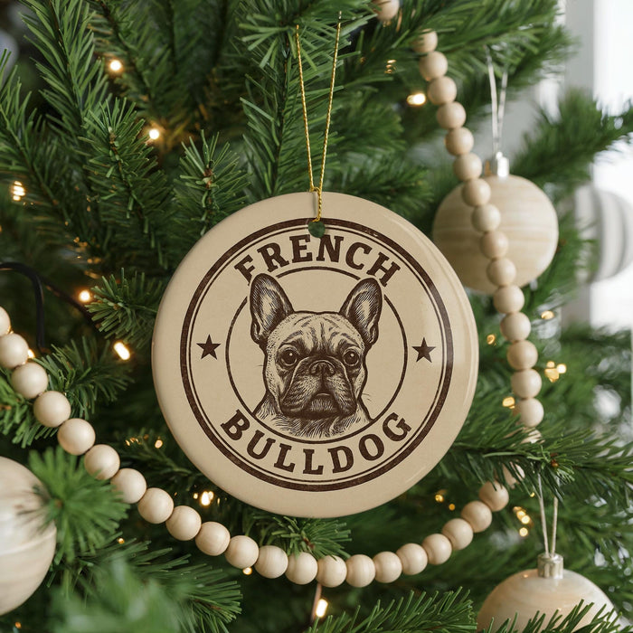 A round ornament with a bulldog image and the text "French Bulldog" is hanging on a Christmas tree.