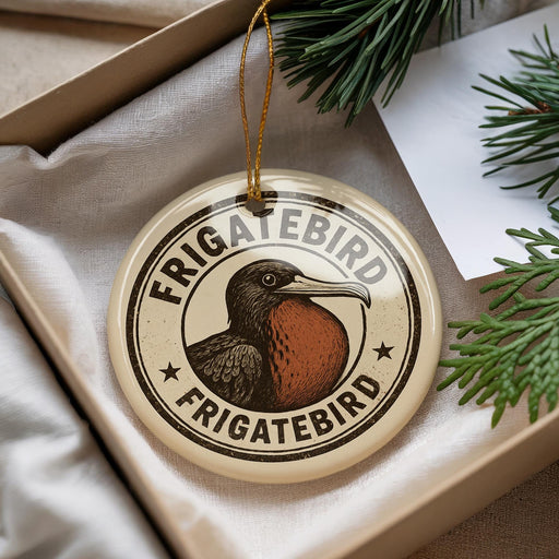 A circular ornament with the text "FRIGATEBIRD" and an illustration of a bird is displayed in a box with pine branches.