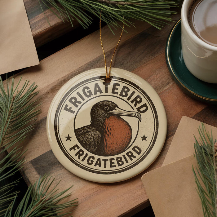 A circular ornament with the text "FRIGATEBIRD FRIGATEBIRD" and an illustration of a bird is displayed on a wooden surface, surrounded by pine branches and a cup of coffee.