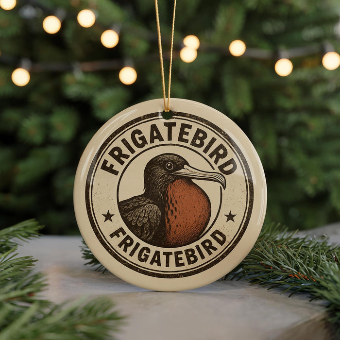 A circular ornament with the text "FRIGATEBIRD FRIGATEBIRD" and an illustration of a bird, hanging from a string.