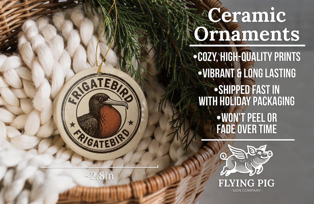 a ceramic ornament hanging from a wicker basket, with a text overlay providing information about the ornament.