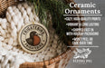 a ceramic ornament hanging from a wicker basket, with a text overlay providing information about the ornament.