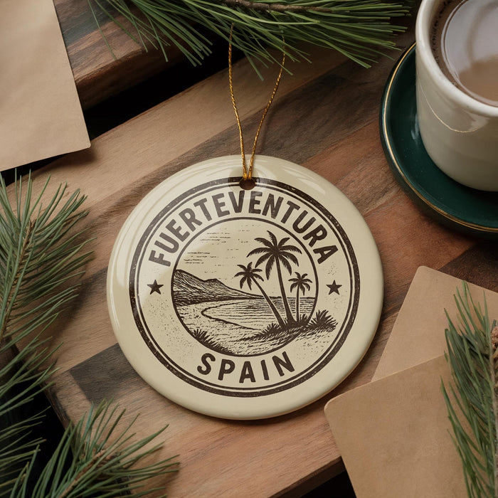 a circular ornament with the text "FUERTEVENTURA SPAIN" on it, surrounded by pine branches and a cup of coffee.