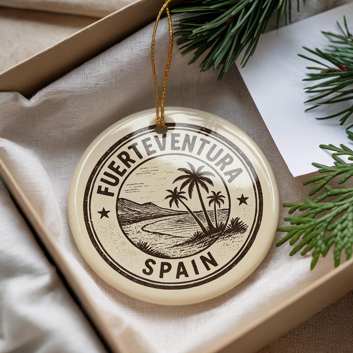 A circular ornament with the text "FUERTEVENTURA SPAIN" printed on it, surrounded by palm trees and a beach scene.