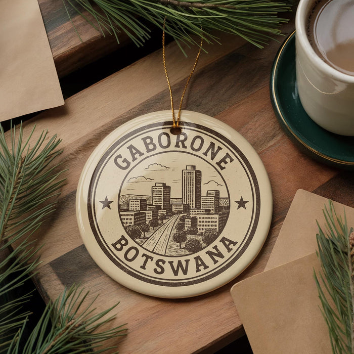 A circular ornament with the text "GABORONE BOTSWANA" printed on it, surrounded by pine branches and a cup of coffee on a wooden surface.
