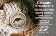 Ceramic ornaments, specifically dolphin ornaments, are displayed in a woven basket. The text highlights the ceramic ornaments as "cozy, high-quality prints" and "vibrant and long lasting", with a description of their shipping speed and packaging. The image also features a logo for "Flying Pig - SIGN COMPANY".