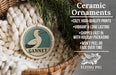 Ceramic ornaments, specifically a ceramic bird ornament, are displayed in a wicker basket. The text highlights the ornament's features, such as being cozy, high-quality, vibrant, and long-lasting, and mentions that it is shipped fast with holiday packaging and won't peel or fade over time.