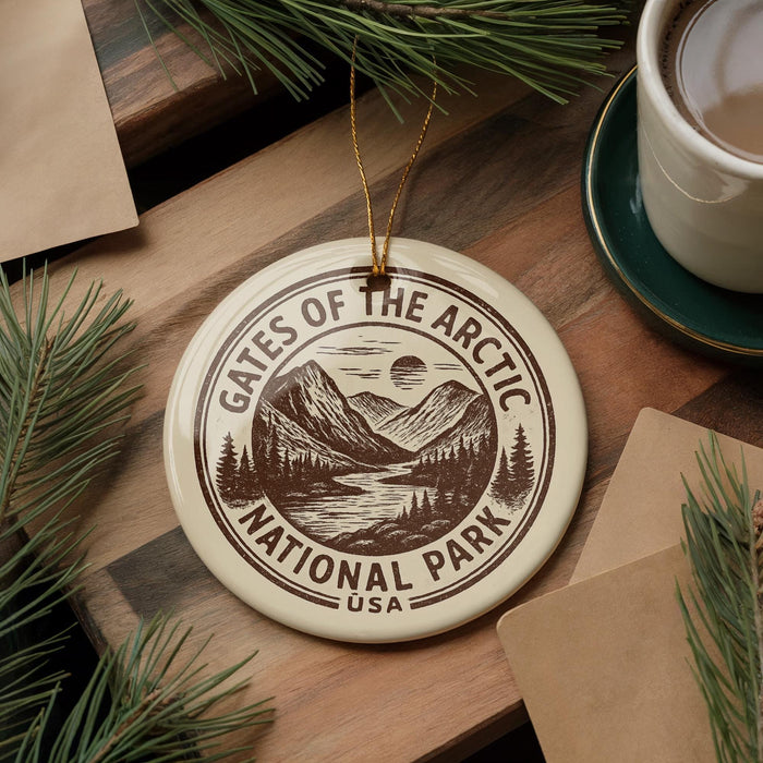 A circular ornament with the text "GATES OF THE ARCTIC NATIONAL PARK" and a mountain landscape design, placed on a wooden surface next to a cup of coffee and pine branches.