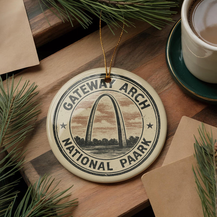 A circular ornament with the words "GATEWAY ARCH NATIONAL PAARK" printed on it, featuring an illustration of the Gateway Arch in St. Louis, Missouri. The ornament is hanging from a string, and there is a cup of coffee and some pine branches in the background.