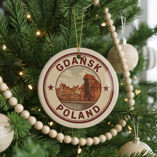 A circular ornament on a Christmas tree, featuring a picture of a city and the text "Gdansk Poland".