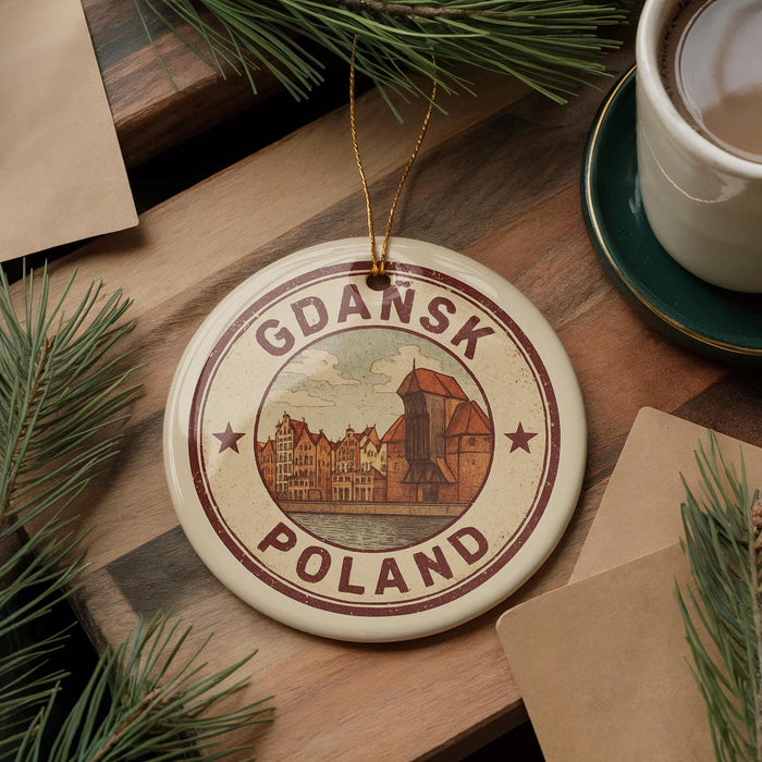 A circular ornament with the text "Gdansk Poland" on it, featuring an illustration of a cityscape, is displayed on a wooden surface alongside a cup of coffee and some pine branches.
