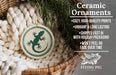 Ceramic ornaments, featuring a ceramic ornament with a green lizard design, are displayed in a woven basket.