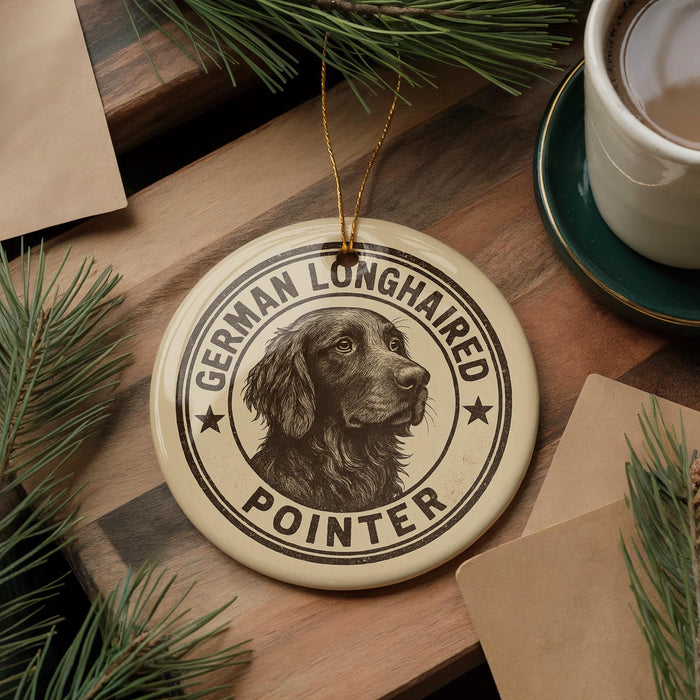 A round ornament featuring a German long haired pointer dog, with the text "German Long Haired Pointer" around the dog's head.