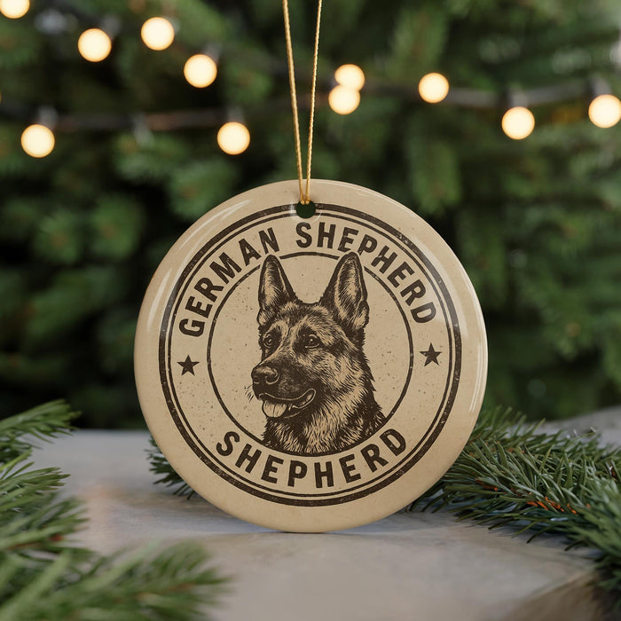 A circular ornament featuring a German Shepherd dog's head, with the text "German Shepherd" around the edge.