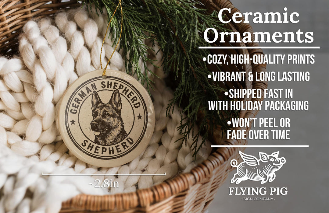 a ceramic ornament in the shape of a German Shepherd dog, hanging from a wicker basket. The ornament is described as a "Ceramic Ornaments" and is made of ceramic material.