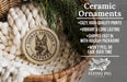 a ceramic ornament in the shape of a German Shepherd dog, hanging from a wicker basket. The ornament is described as a "Ceramic Ornaments" and is made of ceramic material.