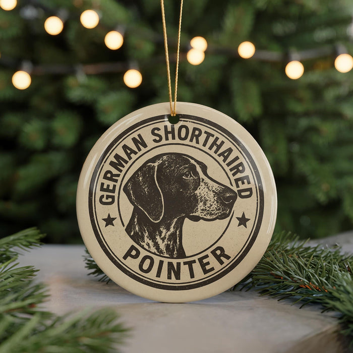 A circular ornament featuring a German Shorthaired Pointer dog's head, with the text "German Shorthaired Pointer" around the edge.