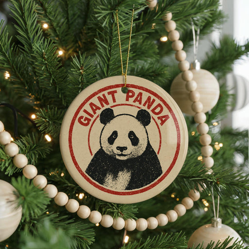 A Christmas tree decorated with ornaments, including a panda bear ornament with the text "GIANT PANDA" on it.