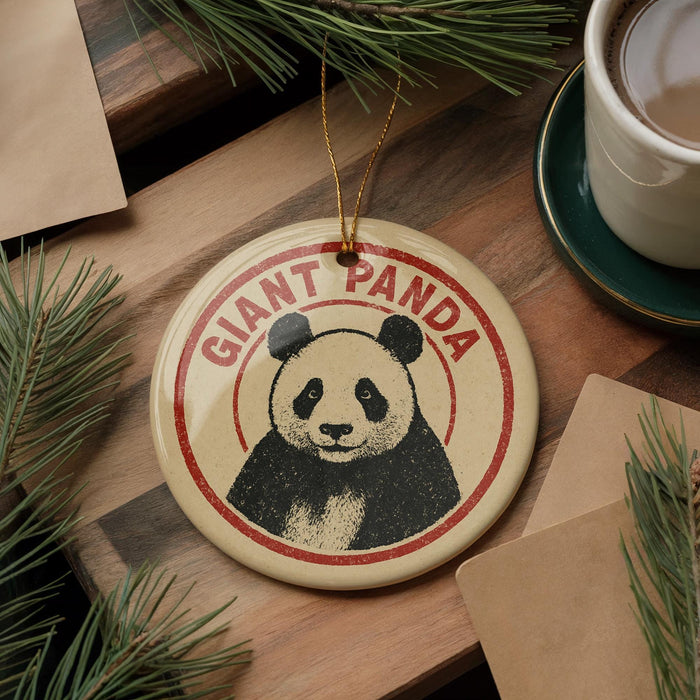 A panda ornament with the text "GIANT PANDA" is displayed on a wooden surface, surrounded by pine branches and a cup of coffee.
