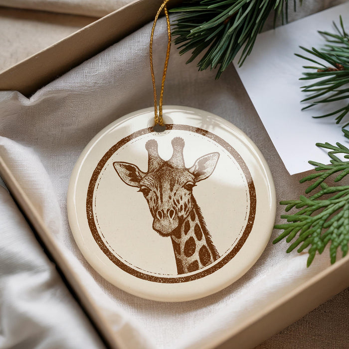 A decorative ornament featuring a giraffe's head is displayed in a box, surrounded by pine branches and greenery.