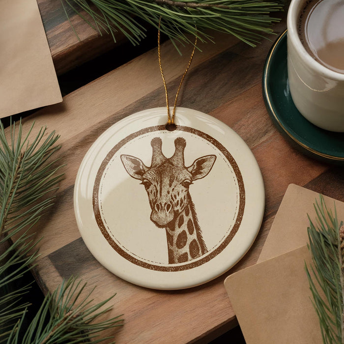 A ceramic ornament featuring a giraffe's head is displayed on a wooden surface, surrounded by pine branches and a cup of coffee.