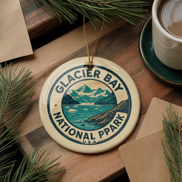 A circular ornament with the text "GLACIER BAY NATIONAL PARK" and a mountain landscape design hangs on a wooden surface, surrounded by pine branches and a cup of coffee.