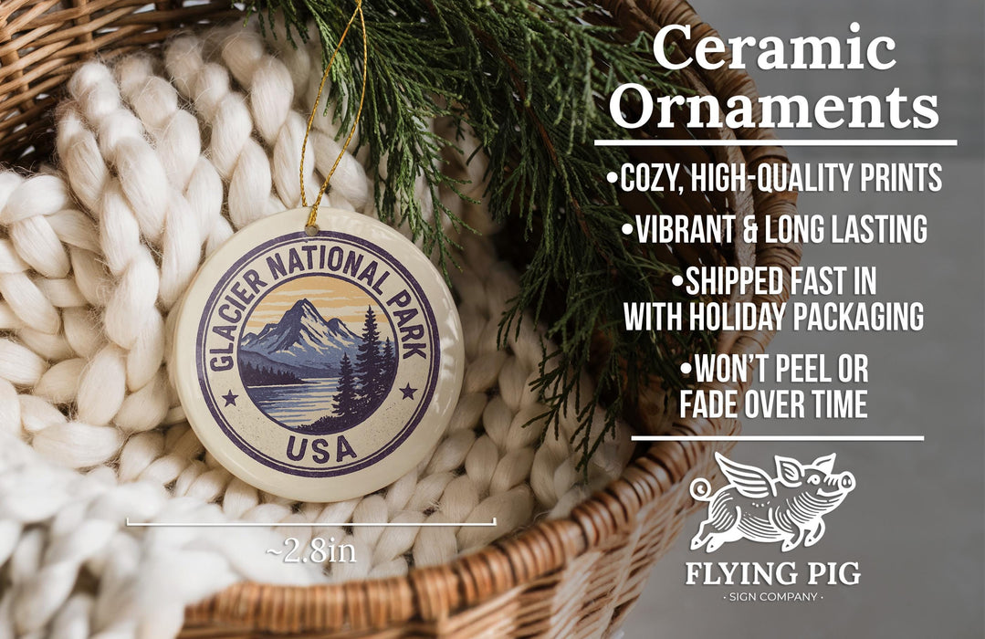 Ceramic ornaments, featuring a design of a mountain and pine trees, are displayed in a woven basket.