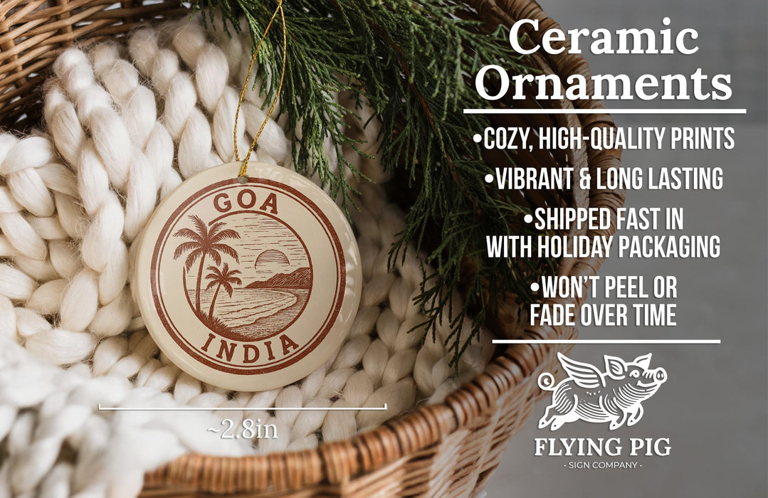 a ceramic ornament hanging from a wicker basket, with a text overlay providing information about the ornament.