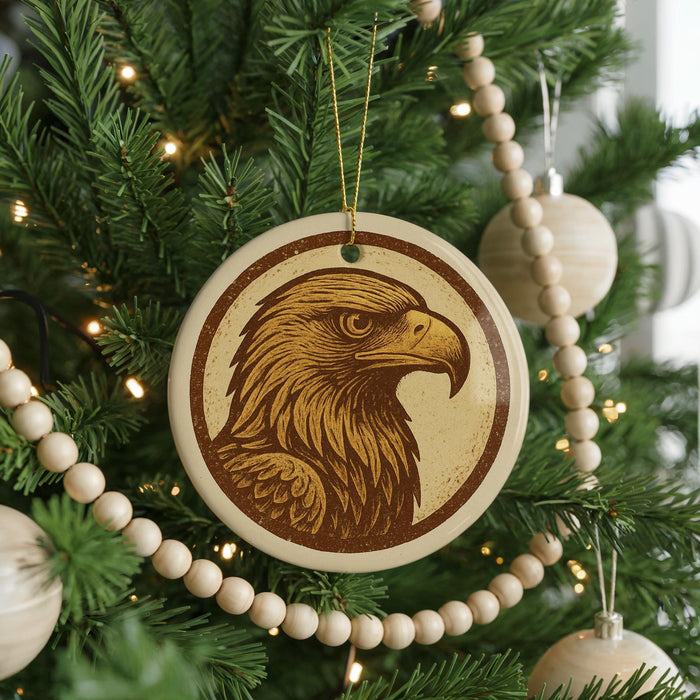 A Christmas tree decorated with ornaments, including a circular ornament featuring a close-up of a golden eagle's head.