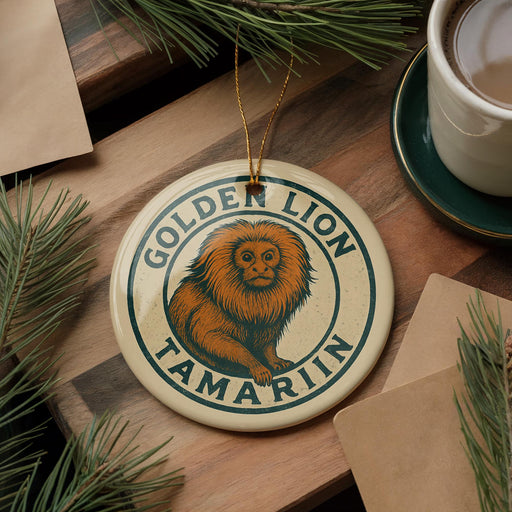 A round ornament featuring a golden lion, a type of primate, is displayed on a wooden surface alongside a cup of coffee and some pine branches.