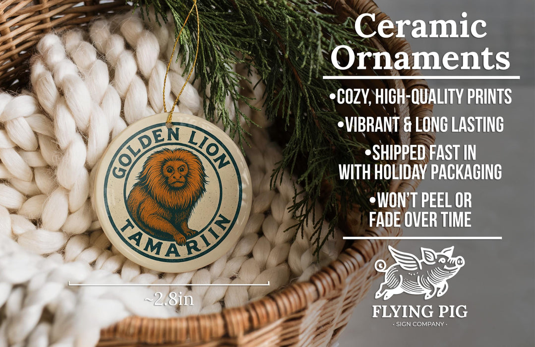Ceramic ornaments, featuring a lion and tama rin, are displayed in a woven basket.
