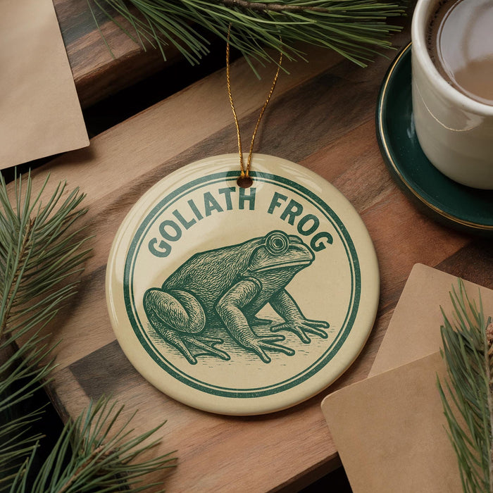 A circular ornament featuring a green frog on a wooden surface, with the text "GOLIATH FROG" printed on it.
