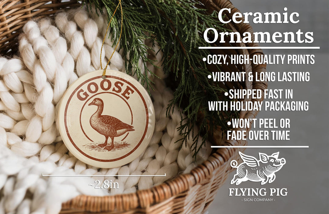 a ceramic ornament hanging from a wicker basket, with a text overlay providing information about the ornament.