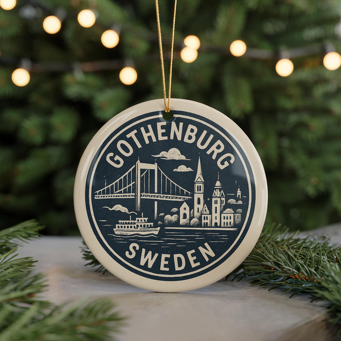 A circular ornament with the text "GOThenburg, Sweden" and an illustration of the Gothenburg Bridge, surrounded by greenery and twinkling lights.