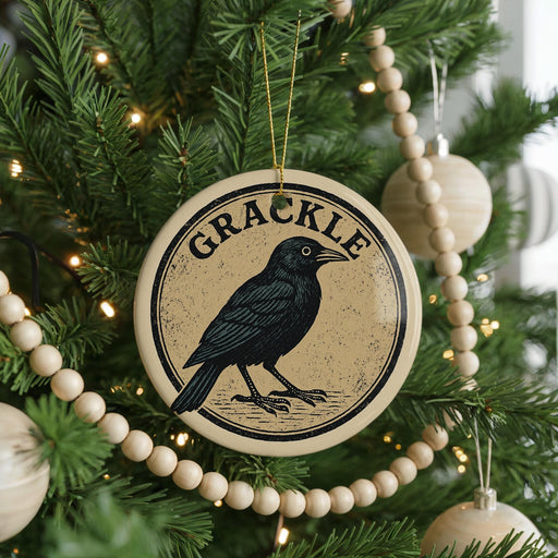 A Christmas tree decorated with ornaments, including a circular ornament with a black bird and the word "GRACKLE" written on it.