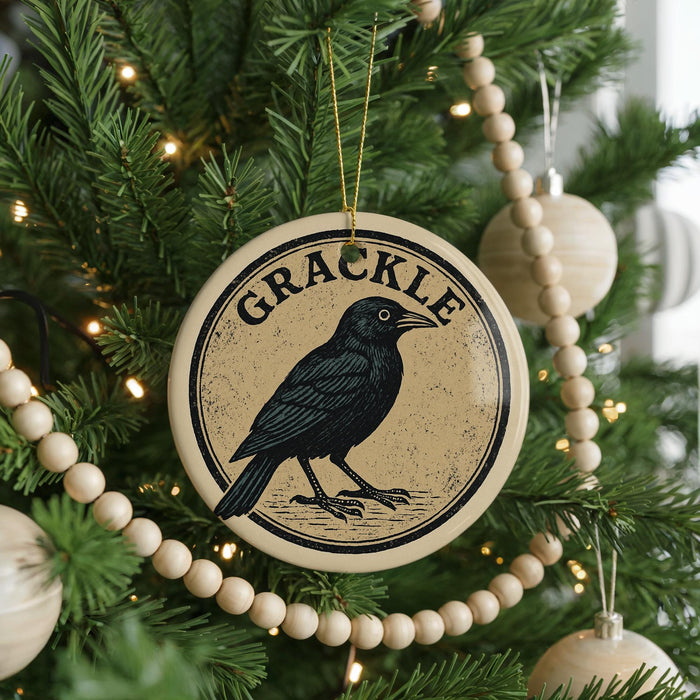A Christmas tree decorated with ornaments, including a circular ornament with a black bird and the word "GRACKLE" written on it.