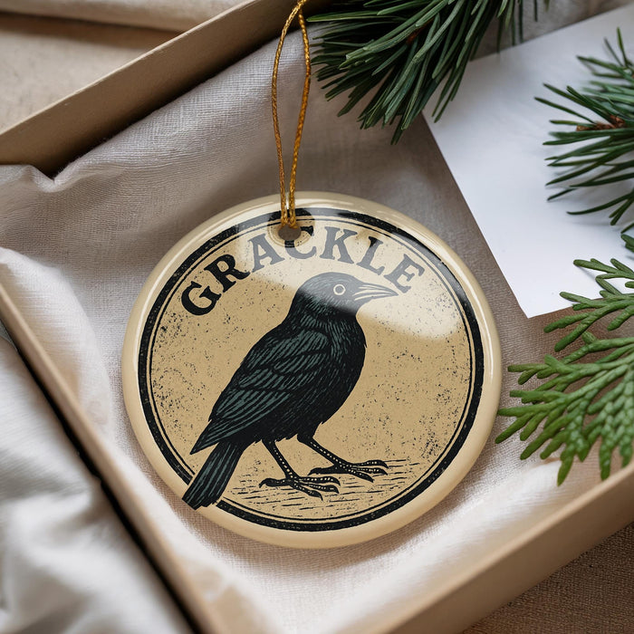 A round ornament with a black bird on it, hanging from a string.