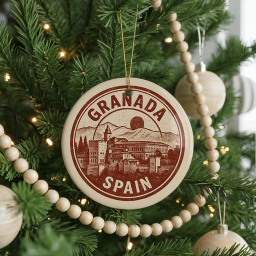 A circular ornament on a Christmas tree, featuring the text "GRANADA SPAIN" and an illustration of a cityscape.